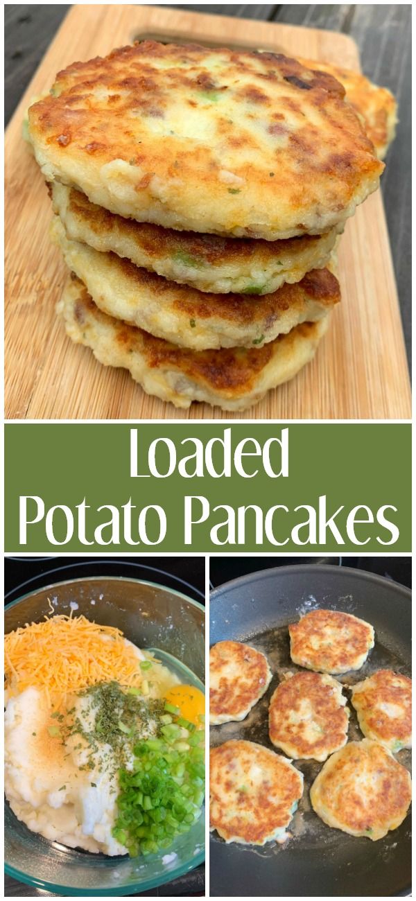 loaded potato pancakes with cheese and broccoli in the middle, on a wooden cutting board