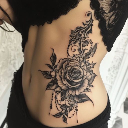 a woman's stomach with a rose tattoo on the side and an intricate lace garter