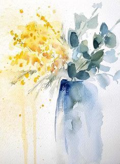 a watercolor painting of flowers in a blue vase on a white background with yellow accents