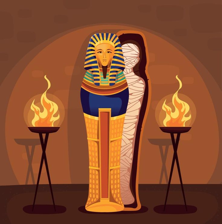 an egyptian statue with flames around it and two candles in front of the statue,