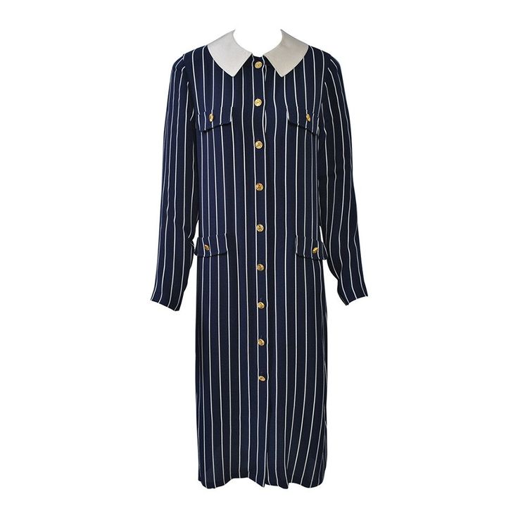 Adolfo 1980s navy/white pinstripe shirtdress in lightweight fabric - silk or silk blend. Buttons all the way down the front with gold "A" logo buttons that also decorate faux flap pockets at the bust and hips, where real slash pockets are located under the flaps. A white silk collar buttons on; it can be removed to reveal a round neckline. Shoulder pads. Approximate size 10-12; please check measurements below. Au Logo, Logo A, Way Down, White Silk, Day Dress, Navy White, Shoulder Pads, Day Dresses, Round Neckline