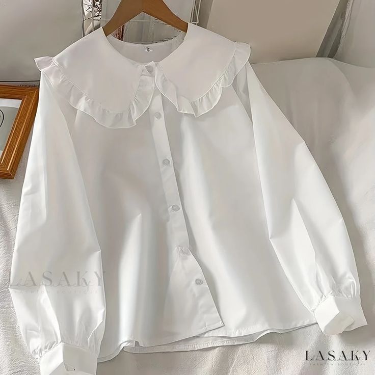 Lasaky - Lettuce-Trimmed Peter Pan Collar Blouse: Stylish Long-Sleeve Top for Spring and Fall, Womens Fashion Fall Womens Fashion, Pan Collar Blouse, Collar Shirts Women, Peter Pan Collar Shirt, Peter Pan Collar Blouse, White Long Sleeves, Cute Fabric, Casual Shirt Women, Modest Fashion Outfits