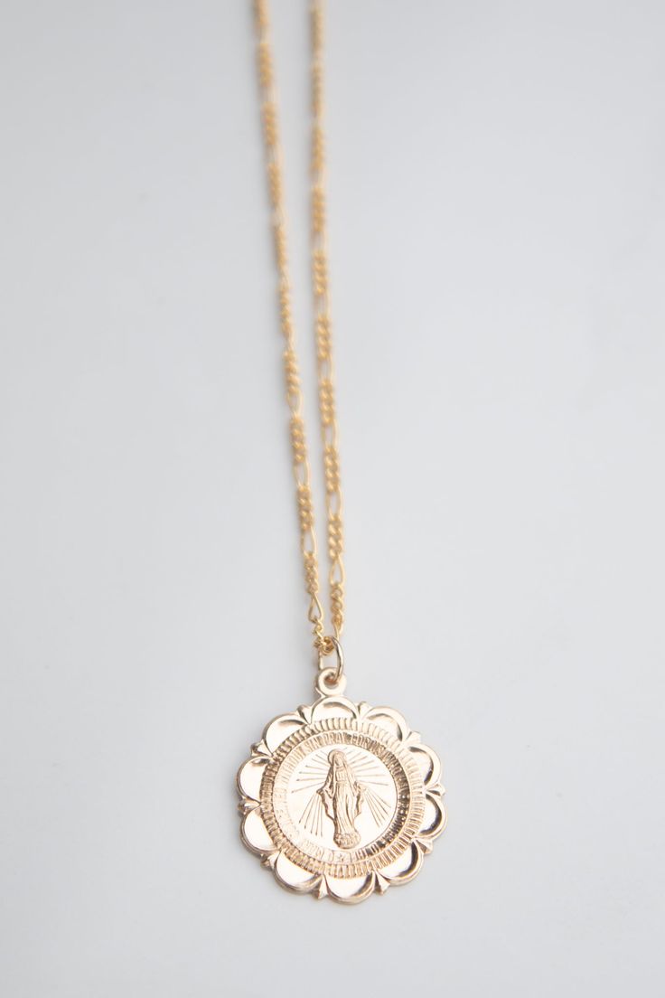 14kt goldfill 26mm round flower medallion with 20 inch f�ígaro chain. You can also customize your necklace and add a dangling turquoise ball or a crystal zirconia in the options below. Medallions Jewelry, Round Flower, Figaro Chains, Medallion Necklace, Virgin Mary, Gold Necklace, Turquoise, Pendant Necklace, Crystals