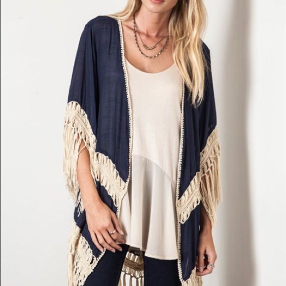 Navy Kimono With Natural Trim Trendy Summer Outerwear With Fringe, Trendy Summer Fringe Outerwear, Summer Cotton Fringe Outerwear, Summer Long Sleeve Outerwear With Fringe, Blue Spring Outerwear With Tassels, Spring Blue Outerwear With Tassels, Blue Outerwear With Tassels For Spring, Casual Beach Cardigan With Fringe, Casual Summer Fringe Cardigan