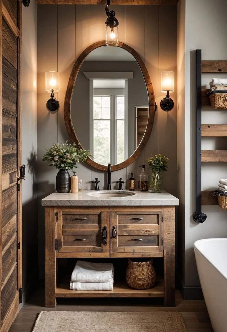 a bathroom with a round mirror above the sink and wooden cabinetry on the wall