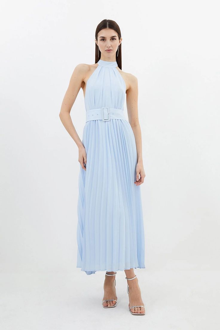 Petite Georgette Belted Pleated Midi Dress | Karen Millen Summer Midi-length Pleated Belted Dress, Light Blue Sleeveless Pleated Dress, Blue Midi-length Pleated Dress For Spring, Spring Button-up Pleated Midi Dress, Blue A-line Midi Dress With Pleated Waist, Petite Business Casual, Spring Wedding Guest Dress, Outfits For Mexico, Eid Outfits