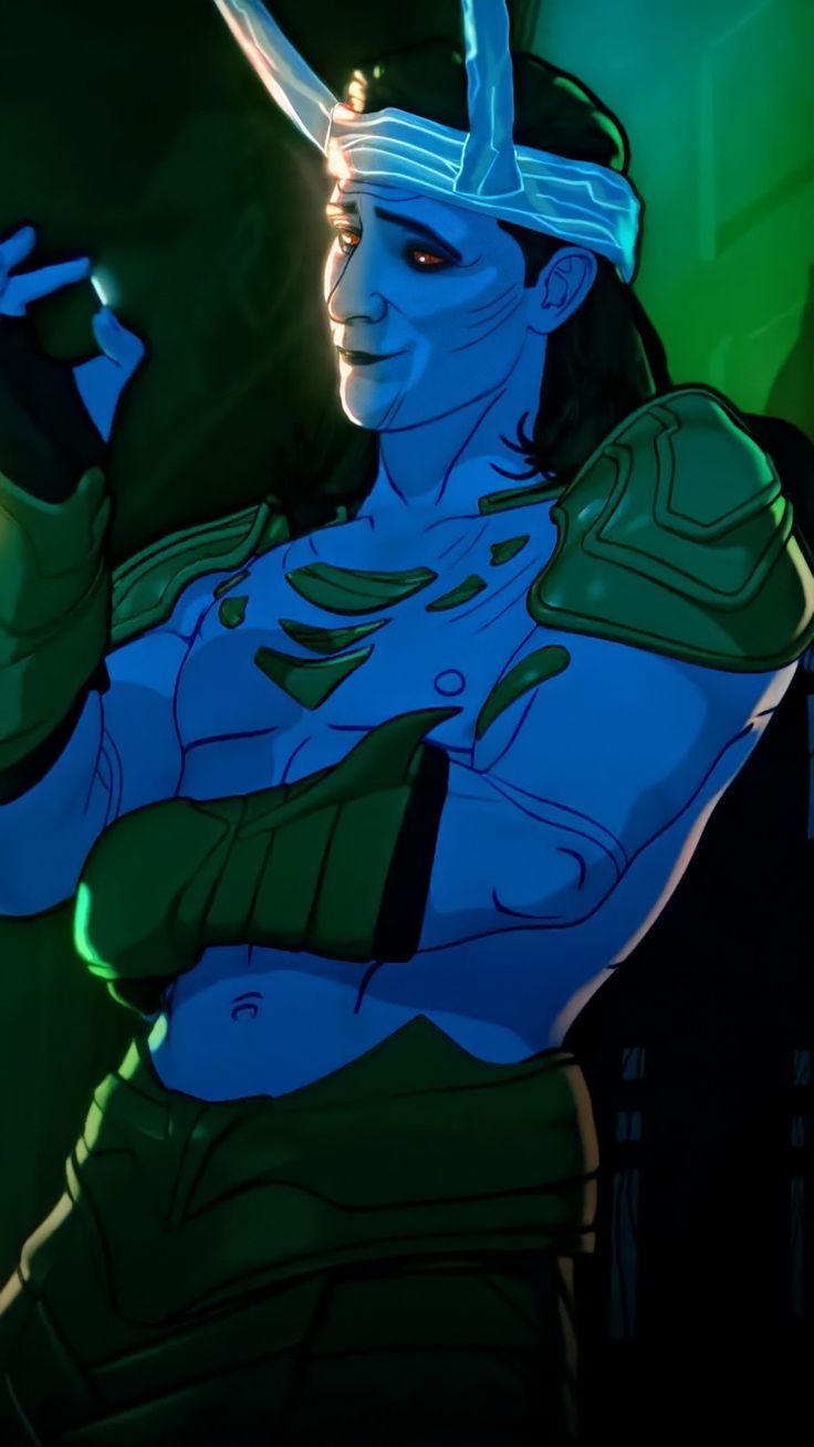 an animated character in a green and blue costume holding a cell phone up to his ear