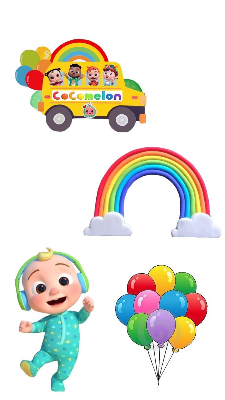 an image of children's toys including balloons, and a school bus with rainbows