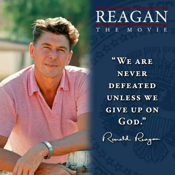 a man leaning on a fence with a quote from ronald reagan