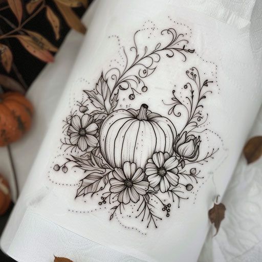 Sophisticated Pumpkin Tattoo Designs Pumpkin Arm Tattoo, Pumpkin Carriage Tattoo, Cottagecore Ghost Tattoo, Fall Tattoo Black And White, Pumpkin And Leaves Tattoo, Fill In For Sleeve Tattoo, Spooky Leg Tattoos Women, Cinderella Pumpkin Tattoo, Vintage Halloween Tattoos For Women