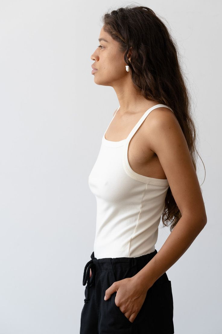 The Baby Rib Square Neck Tank is crafted from our butter-soft Baby Rib fabric. Featuring, a slim-fit, square neck, and full length fit. Made in Los Angeles Scallop Pants, Upcycled Tote, Los Angeles Shopping, Rib Fabric, Summer Set, Silk Organza, Soft Baby, Eco Friendly Fabric, Polar Fleece