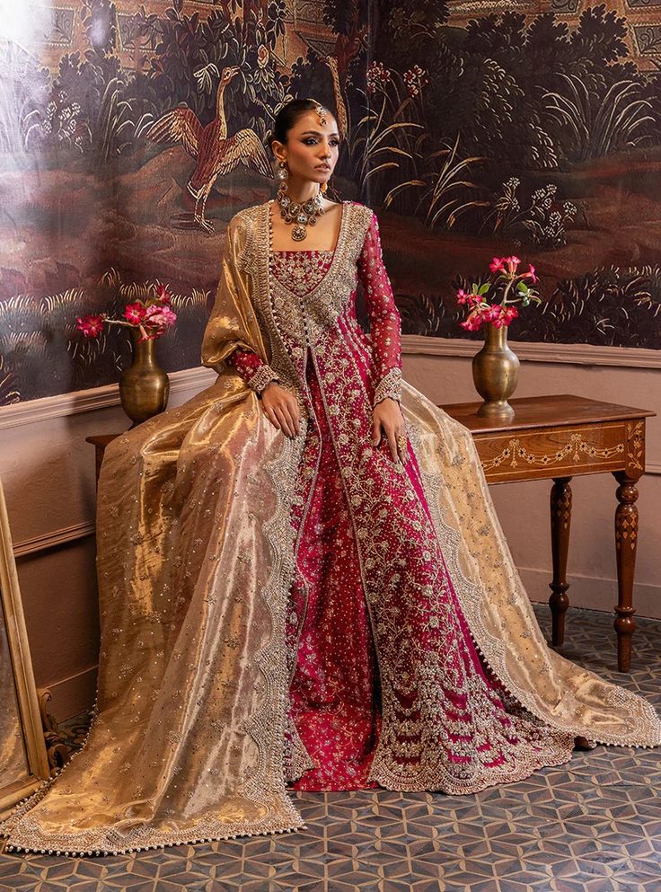 Dilkash – Zainab Chottani International Zainab Chottani Bridal, Designer Wear Gown With Naqshi In Traditional Drape, Designer Gown With Naqshi In Traditional Drape, Wedding Traditional Wear With Naqshi In Jamawar, Wedding Traditional Wear In Jamawar With Naqshi, Elegant Jamawar Lehenga For Wedding, Organza Lehenga With Naqshi For Reception, Traditional Naqshi Gown For Designer Wear, Designer Naqshi Lehenga With Traditional Drape