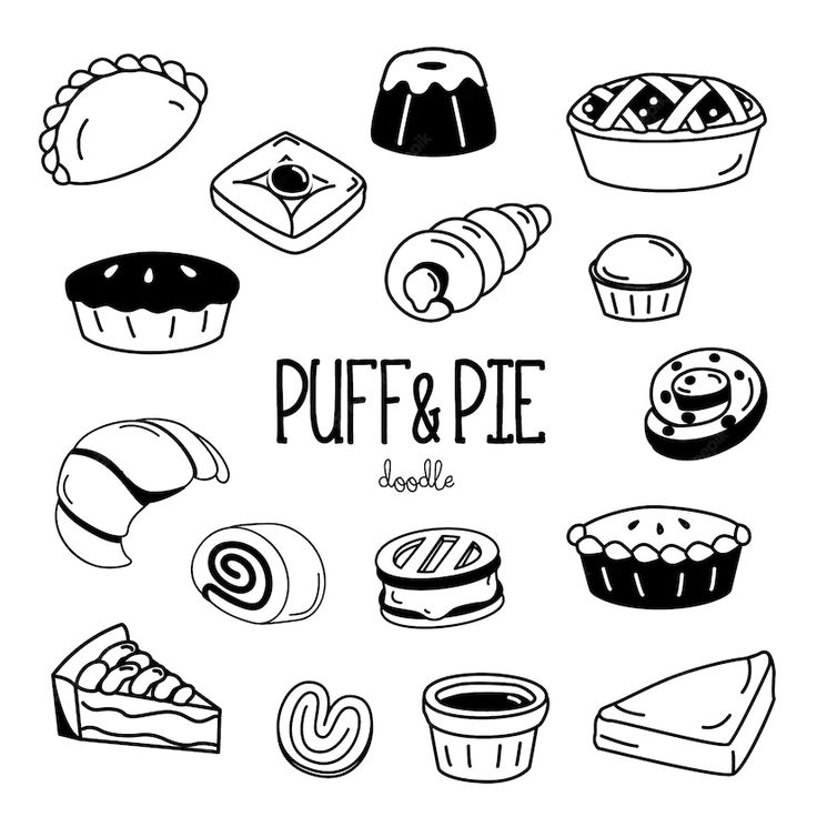 a black and white drawing of different types of pies on a white background with the words puff & pie below it