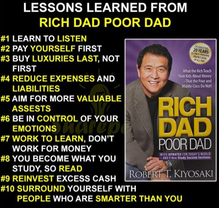 a poster with the words rich dad poor dad written on it and an image of a man