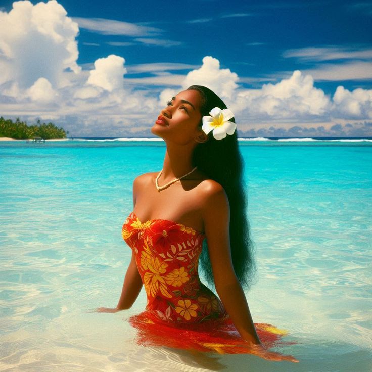 a woman sitting in the water with a flower in her hair