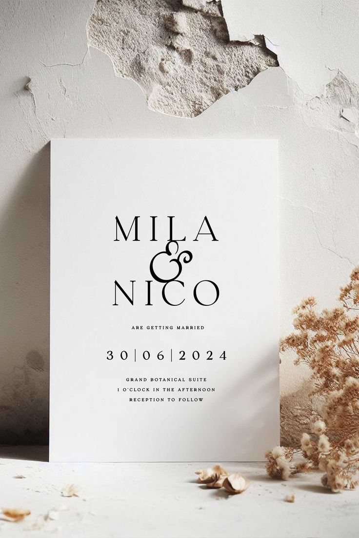 an image of a wedding card with the word'mia and nico'on it