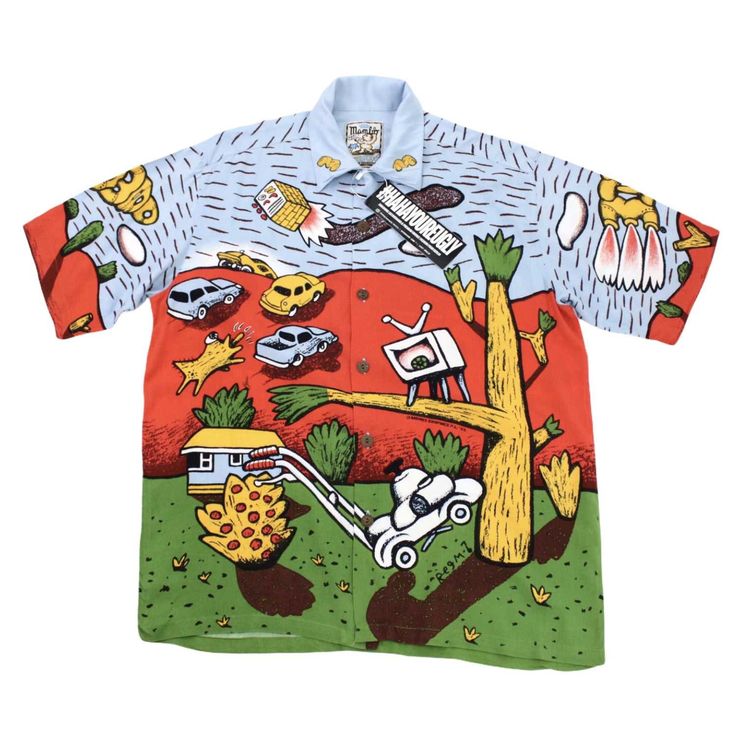 DESIGNER / BRAND: MAMBO ART / CATEGORY: SUMMER / RARITY / SHIRTS COLOR / PATTERN / PRINT: BABY BLUE / ORANGE / YELLOW / GREEN PRINT SIZE: S MEASUREMENTS: L= 77 CM / W= 61 CM FABRICS: - 100% RAYON WHAT ELSE: ICONIC MAMBO LOUD! SHIRT SUPER RARE ORIGINAL 1996 CLASSIC AUSSIE BACKYARDS PRINT REG MOMBASSA X MAMBO NOS 'LOST WEEKEND' CLASSIC AUSTRALIAN 'AUSSIE' BACKYARD DESIGN 1 ORIGINAL REPLACEMENT BUTTON INCLUDED! MADE IN INDONESIA #hahayoureugly #hahayoureuglyberlin #mambo #mamoxregmombassa #australi Summer Cotton Graffiti Print Top, Summer Cotton Top With Graffiti Print, Graffiti Print Short Sleeve Summer Tops, Multicolor Graffiti Print Tops For Summer, Casual Multicolor Shirt With Cartoon Print, Spring Cartoon Print Relaxed Fit Shirt, Multicolor Cotton Hawaiian Shirt With All Over Print, Relaxed Fit Hawaiian Shirt With Graphic Print, Fun Cotton Hawaiian Shirt With Graphic Print