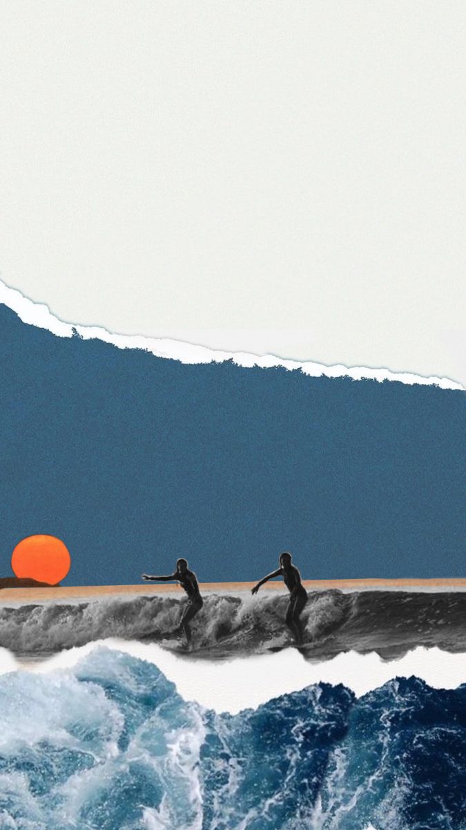 two surfers are riding the waves in front of an orange ball on their surfboard