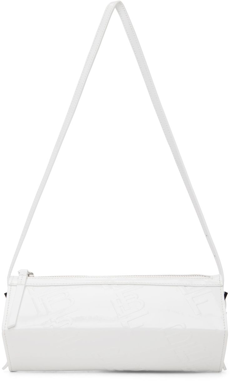 Structured patent leather shoulder bag in white. Logo embossed throughout. · Adjustable pin-buckle shoulder strap · Zip closure · Cotton twill lining · Logo-engraved silver-tone hardware · H3 x W9.5 x D3 in Supplier color: White Classic White Shoulder Bag With Logo Hardware, Elegant White Shoulder Bag With Logo Hardware, Chic White Shoulder Bag With Logo Hardware, White Shoulder Bag With Logo Hardware For Everyday Use, Modern White Shoulder Bag With Logo Hardware, White Crossbody Shoulder Bag With Logo Hardware, White Rectangular Shoulder Bag With Logo Hardware, Modern Evening Shoulder Bag With Embossed Logo, Classic Shoulder Bag With Silver-tone Logo Plaque