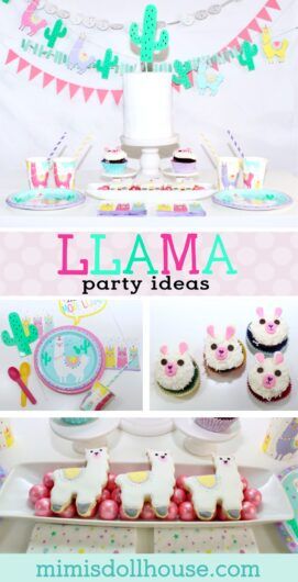 llama party ideas including cupcakes and cake