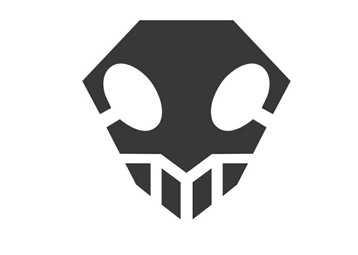 an alien head is shown in this black and white logo, with two eyes on it