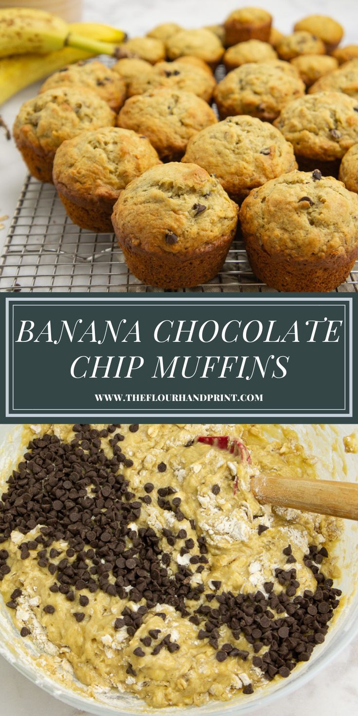 banana chocolate chip muffins are cooling on a rack and in a bowl with other muffins