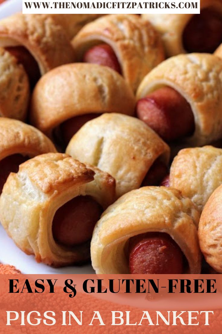 pigs in a blanket on a plate with text overlay reading easy and gluten - free pigs in a blanket