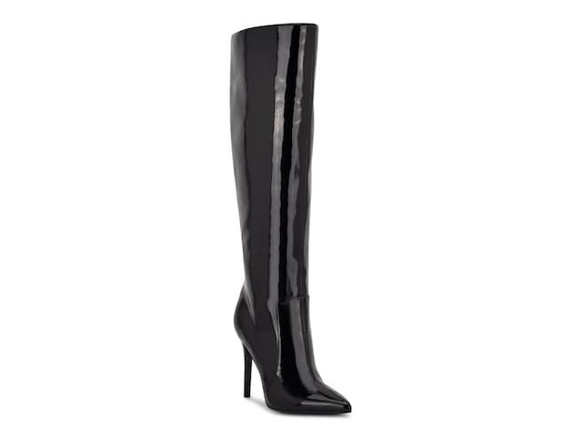 Nine West Taler Boot Trendy Patent Leather Knee-high Boots With Pointed Toe, Sleek Boots With 4-inch Heel For Night Out, Elegant Patent Leather Knee-high Boots For Formal Occasions, Elegant Fitted Patent Leather Knee-high Boots, Fitted Patent Leather Knee-high Boots For Night Out, Elegant Patent Leather Knee-high Boots, Formal Pointed Toe Patent Leather Knee-high Boots, Trendy Evening Boots With Reinforced Heel, Trendy Formal Heeled Boots With 4-inch Heel