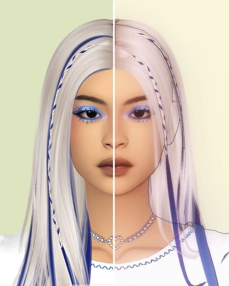 two different images of the same woman's face, one with blue and white hair