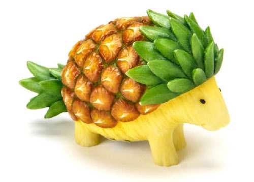 a pineapple shaped animal with green leaves on its head