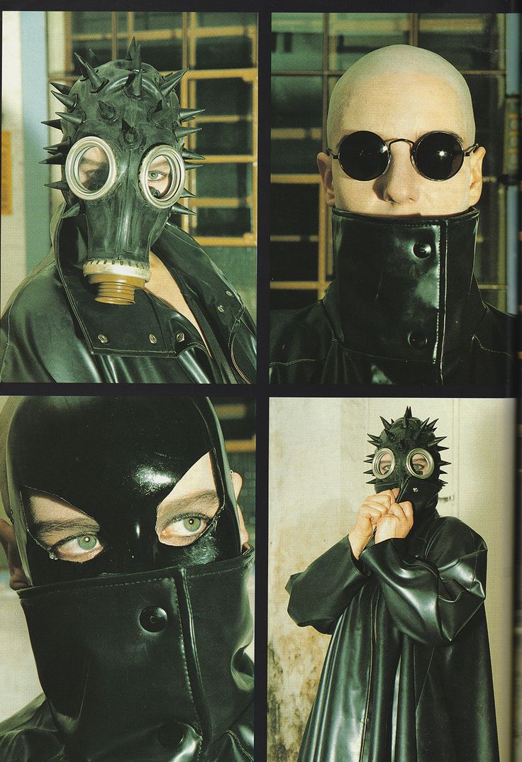 four photos of a man wearing a gas mask and leather outfit with spikes on his head