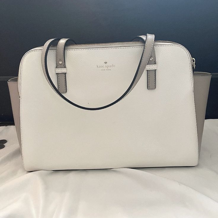 Kate Spade White Leather Tote Bag. Brand New Never Used. It Is White With A Cool Light Tan Color On The Sides. It Has Three Compartments, Two Zippered And One Buttoned. White Double Handle Satchel For Office, White Formal Satchel With Handles, Elegant White Satchel For Shopping, Formal White Satchel With Handles, White Formal Satchel, Formal White Satchel, White Satchel With Double Leather Handles, Classic White Satchel For Shopping, Elegant White Satchel For Everyday Use