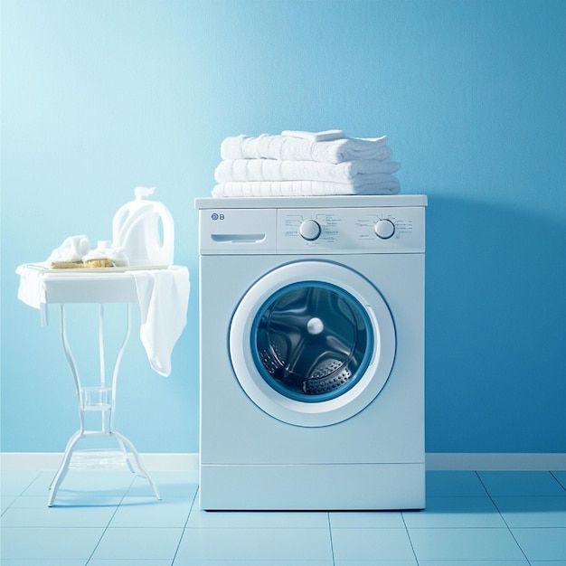 a stack of towels sitting on top of a dryer next to a washing machine