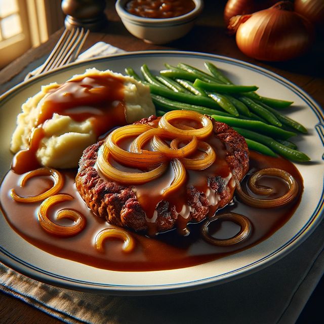 a white plate topped with meat covered in gravy next to green beans and mashed potatoes