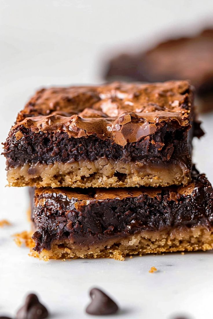 two pieces of chocolate peanut butter brownies stacked on top of each other with one bite taken out