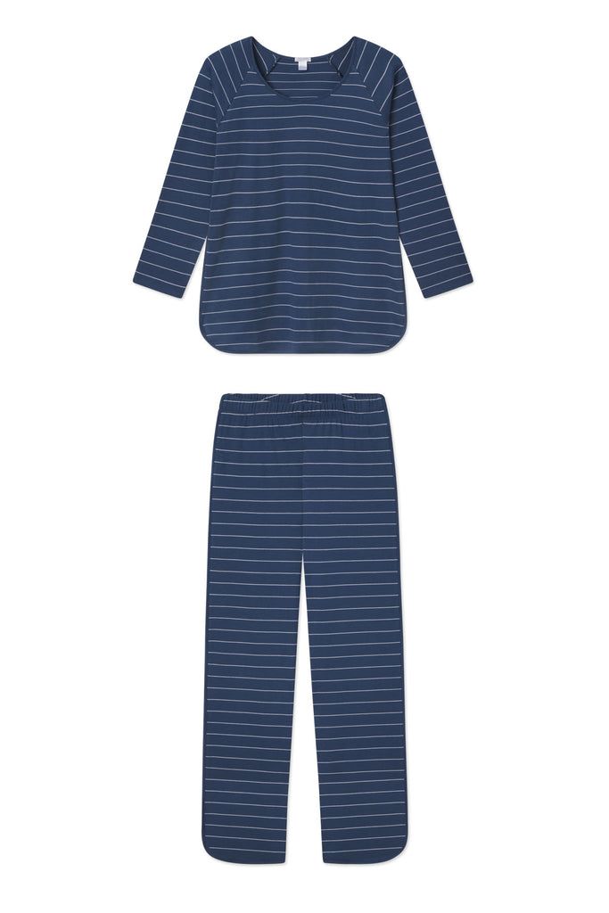 Pima Long-Long Set in Navy Boating Stripe Cotton Pajama Pants, Bridal Fabric, Scoop Neck Top, Dear Santa, Set For Women, Pima Cotton, Three Quarter Sleeves, Boating, Short Sets