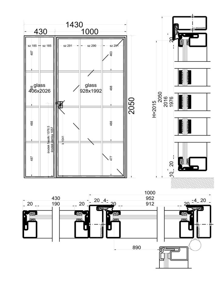 an architectural drawing shows the different parts of a shower door and its components, as well as measurements for each section