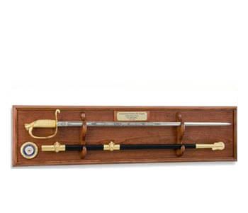 a wooden display case with two swords