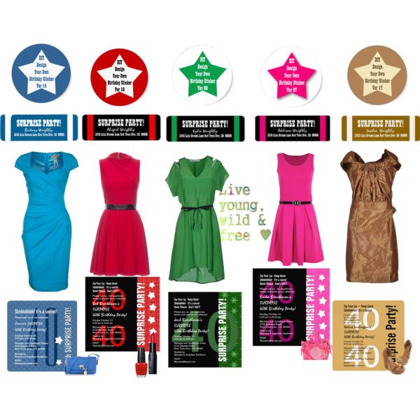 a collage of various items including dresses, shoes and stickers on white background