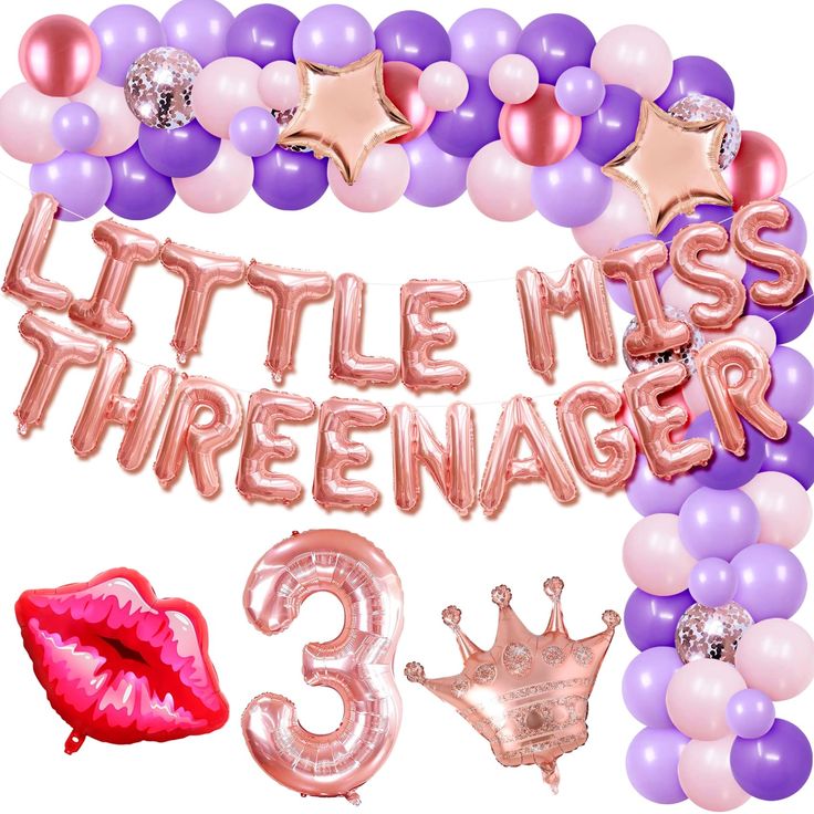 balloons and decorations are arranged around the phrase little miss threeenager, which reads 3