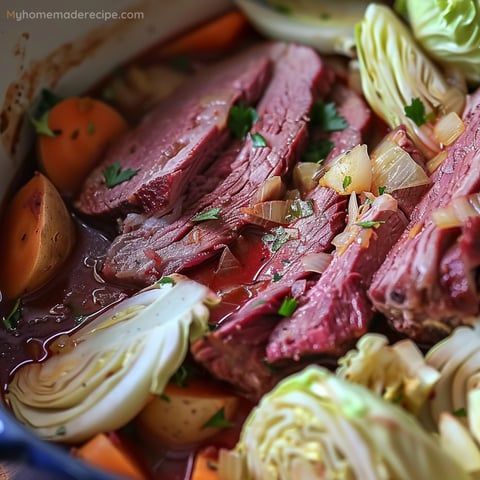 corned beef, cabbage and carrots in a pot with some sauce on top