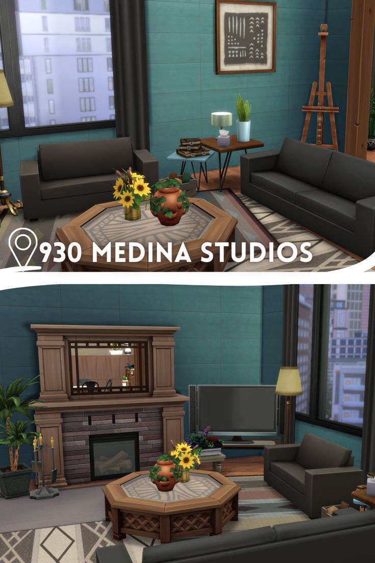 two pictures of the same living room in different styles and colors, each with furniture