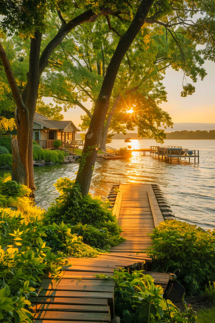 A serene lakefront scene at sunset with a peaceful dock leading to the water, surrounded by lush greenery and trees, offering a tranquil getaway at a cozy lakeside home. Waterfront Lake House, Oregon Coast House, Lake View Homes, Lake House Trip, Cozy Lake House, Lake House Vacation, Lake Aesthetics, Riverfront Home, Jones Aesthetic