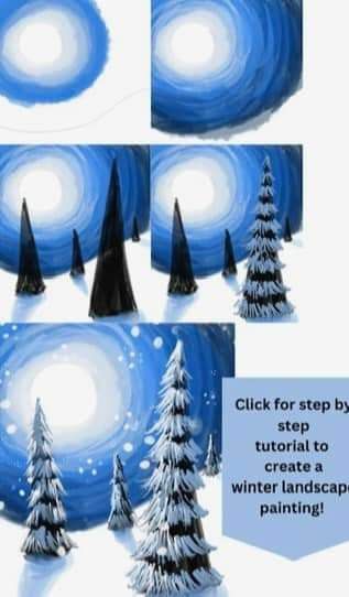 the steps to paint a winter landscape with blue and white colors, including snow covered trees