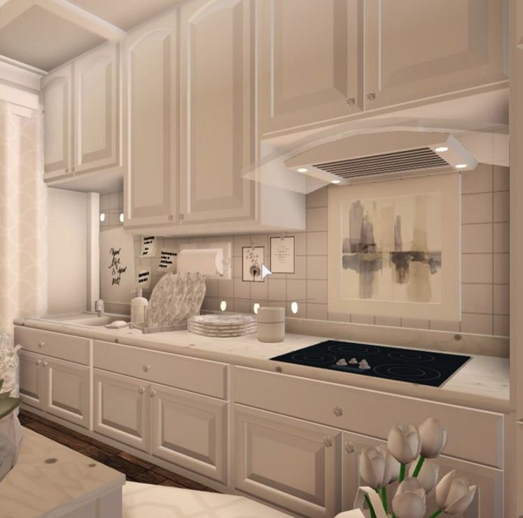 an image of a kitchen setting with white cabinets and flowers in vases on the counter