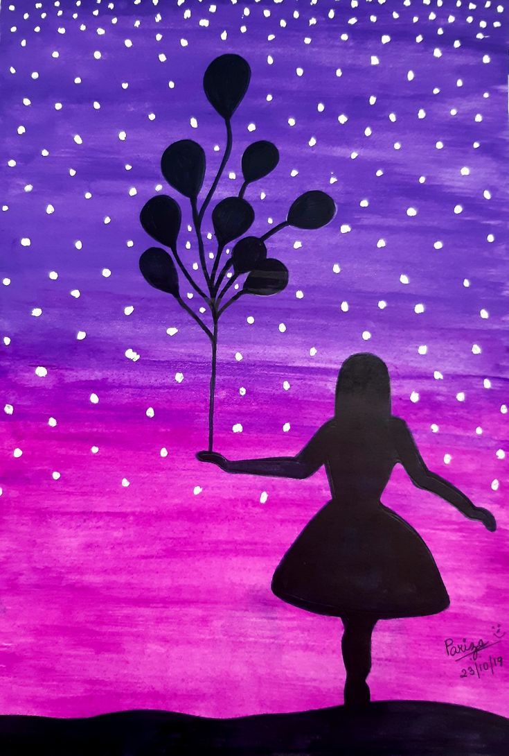 a painting of a girl holding a tree with stars in the night sky behind her