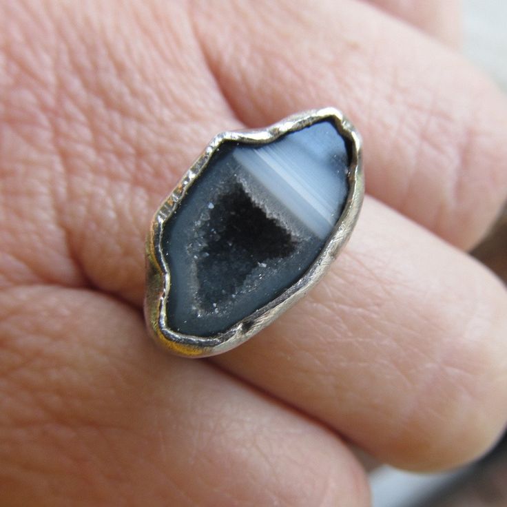 "Silver Mini Geode Ring Gray Druzy Ring Sparkly Druse Gemstone Ring: A stunning, one-of-a-kind, handmade stackable ring featuring a natural sparkling druzy geode set in sterling silver. The geode is gray and white and it measures 11/16\" by 7/16\". Band is 1/16\" wide. The ring itself is a size 6. Completely handmade by myself in sterling silver. Enter my shop: https://www.etsy.com/shop/artdi Join me on Facebook: https://www.facebook.com/Artdi-Diana-Anton-Jewelry-Design-44805607932/ Find me on I Spiritual Stackable Crystal Open Ring, Spiritual Stackable Open Crystal Ring, Fusion Style Stackable Ring Jewelry, Unique Adjustable Rings With Natural Stones, Stackable Open Ring Fusion Jewelry, Fusion Style Stackable Open Ring Jewelry, Open Crystal Ring With Stone Setting For Jewelry Making, Unique Oval Stackable Jewelry, Agate Gemstone Promise Ring