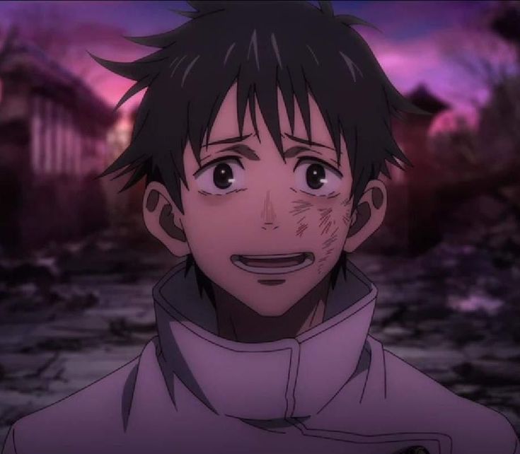 an anime character with black hair and brown eyes looking at the camera in front of a purple sky