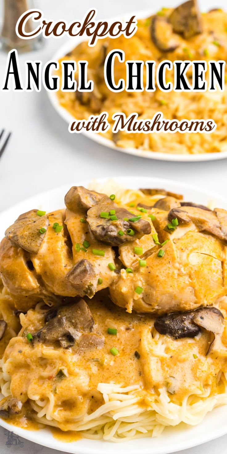 two white plates topped with chicken and mushrooms