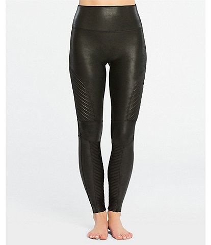 Spanx Vegan-Leather Leggings | Dillard's Mid-rise Tight Leggings With Contoured Waistband, Stretch Mid-rise Leggings With Contoured Waistband, High Rise Fitted Leggings For Workout, Fitted Mid-rise Leggings With Wide Waistband, Fitted High Rise Workout Leggings, Sleek Stretch Workout Pants, Fitted Leggings For Pilates In Fall, Fitted Leggings For Pilates, Fall Season, Sleek Fitted Workout Bottoms